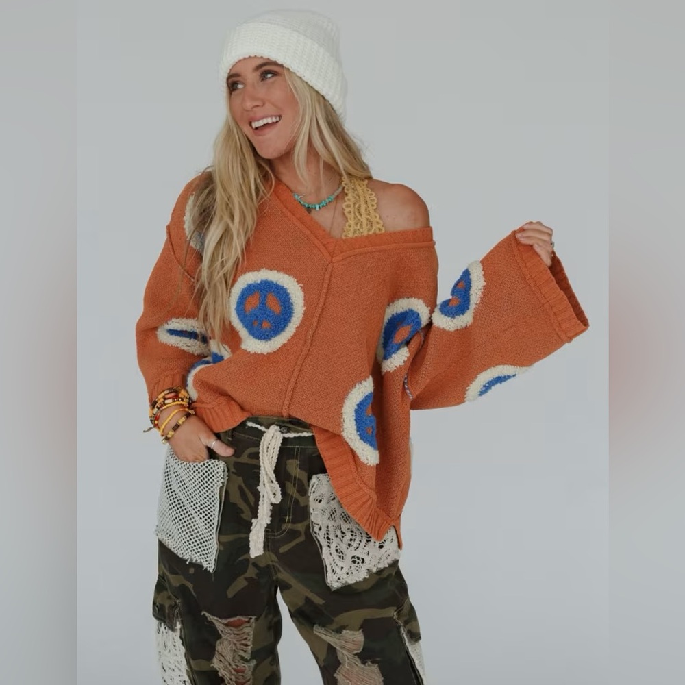 Three Bird Nest • Orange & Blue Chenille Peace Sign V Neck Sweater • Oversized - Picture 2 of 10